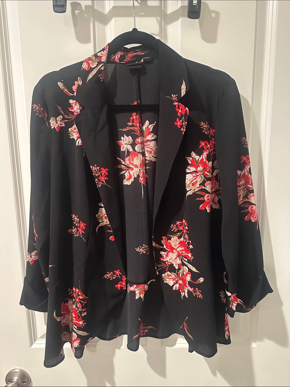 free press Black Floral Top with Red and Cream Accents